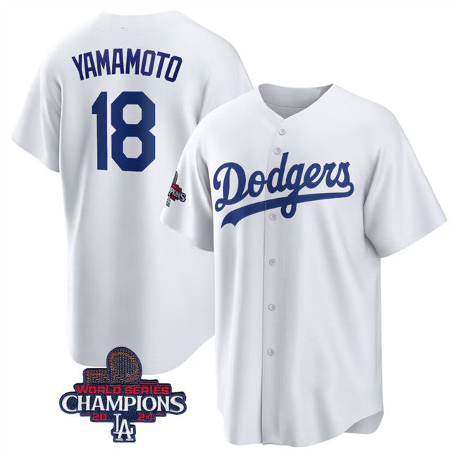 Los Angeles Dodgers #18 Yoshinobu Yamamoto White Thaam 2024 World Series Champions Cool Base Stitched Jersey