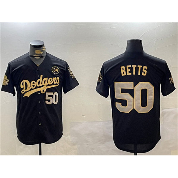 Los Angeles Dodgers #50 Mookie Betts Black Gold Thaam 2024 World Series With No. 34 Patch Limited Stitched Jersey