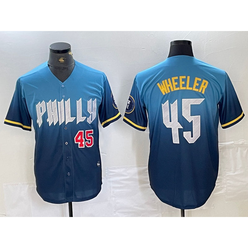 Philadelphia Phillies #45 Zack Wheeler Blue Tomch 2024 City Player Number Cool Base Stitched Jerseys