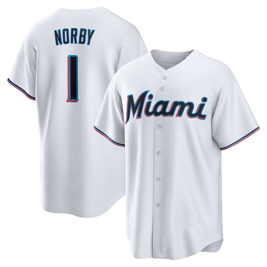 Miami Marlins #1 Connor Norby White Tomch Home Replica Jersey
