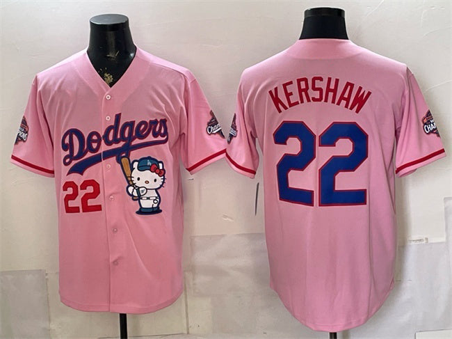 Los Angeles Dodgers #22 Clayton Kershaw Pink Tomch Hello Kitty Night 2025 World Series Champions Patch Stitched Jersey