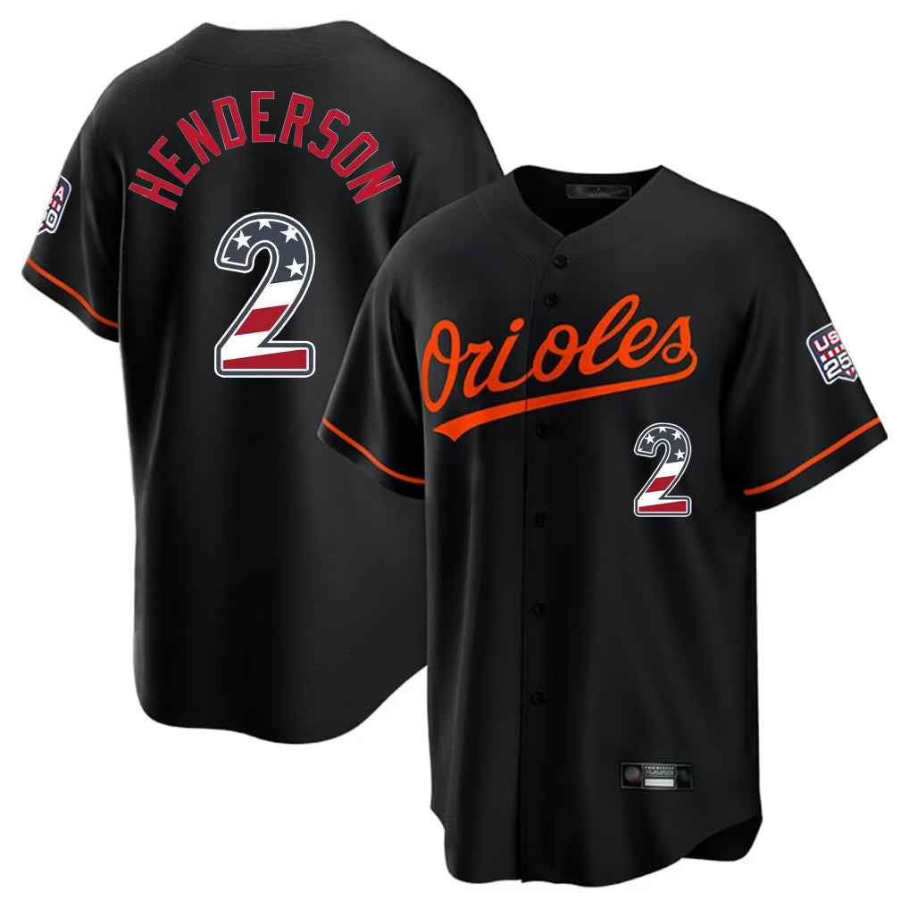 Baltimore Orioles #2 Gunnar Henderson Player Black Tomch USA 250 Fourth of July Home Game Stitched Jerseys