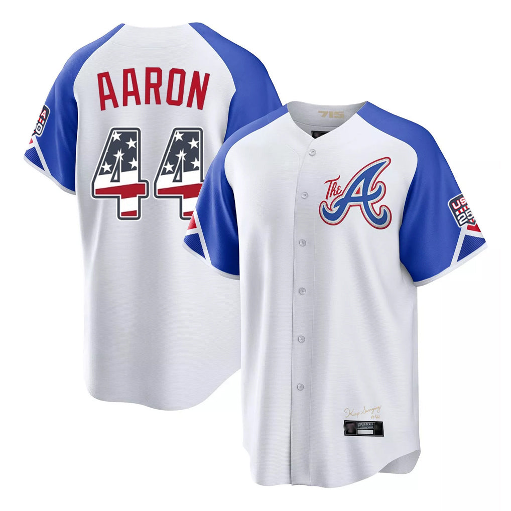 Atlanta Braves #44 Hank Aaron Player White Tomch USA 250 Fourth Of July City Connect Home Game Stitched Jerseys