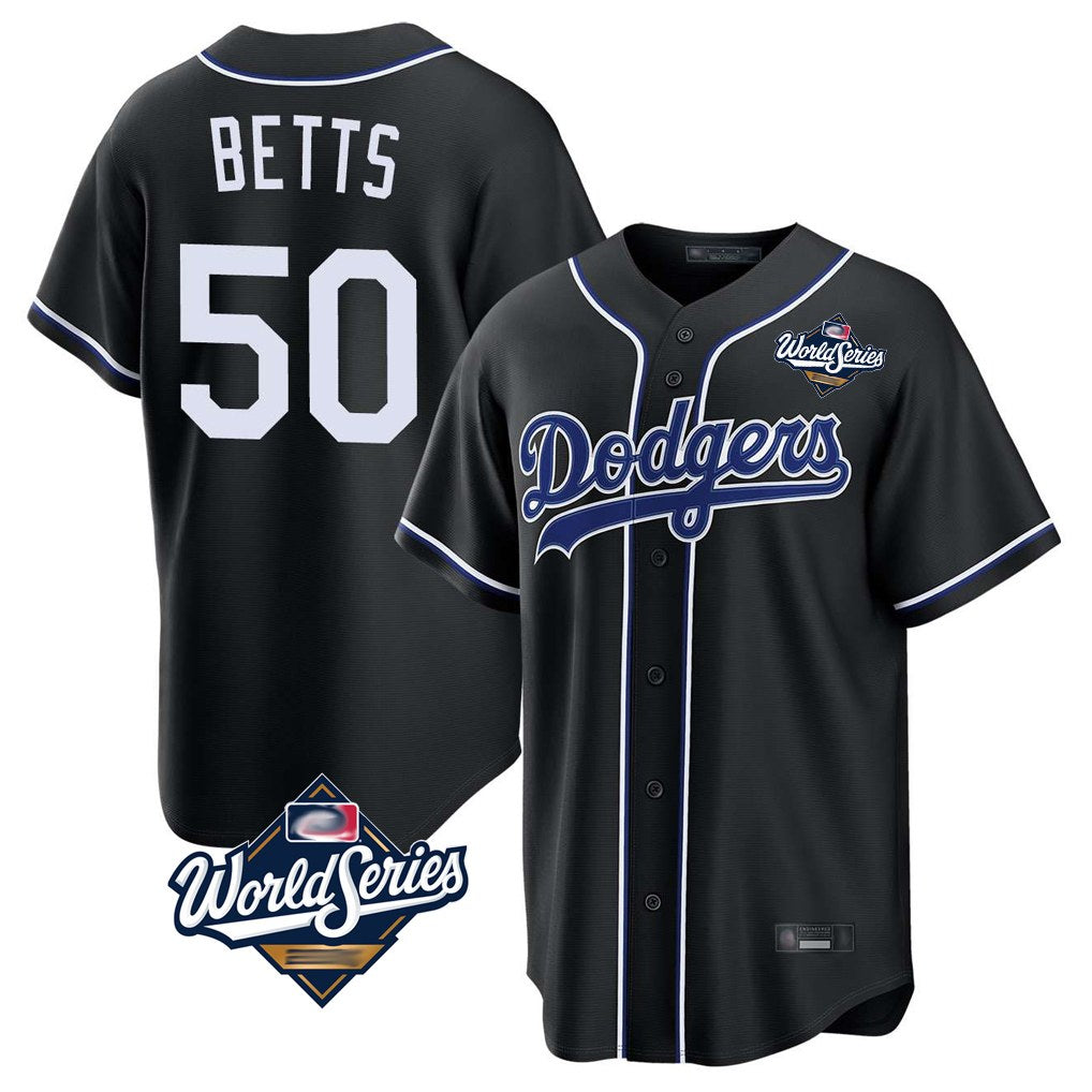 Los Angeles Dodgers #50 Mookie Betts Player Black Tomch World Series Carbon Limited Home Stitched Jerseys