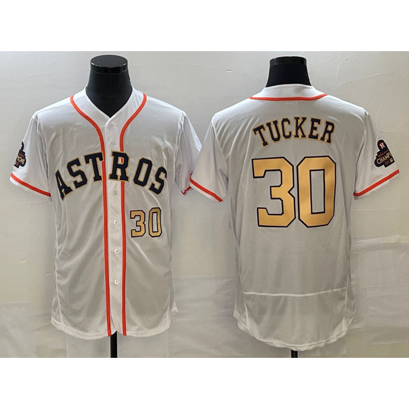 Houston Astros #30 Kyle Tucker Number 2023 White Gold Tomch World Serise Champions Patch Flex Base Stitched Jersey 2