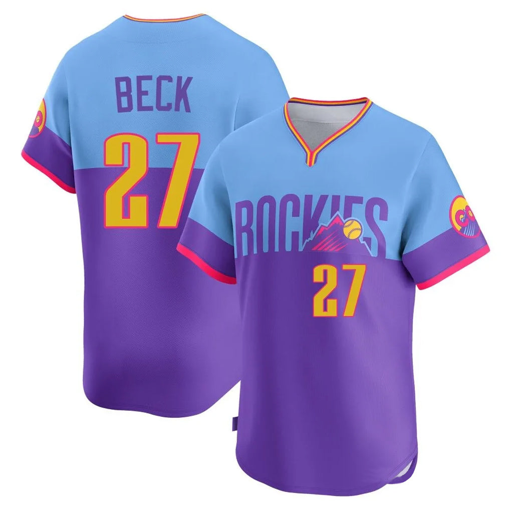 Colorado Rockies #27 Jordan Beck Player Purple-Light Blue Tomch City Connect Limited Home T-shirt Stitched Jerseys