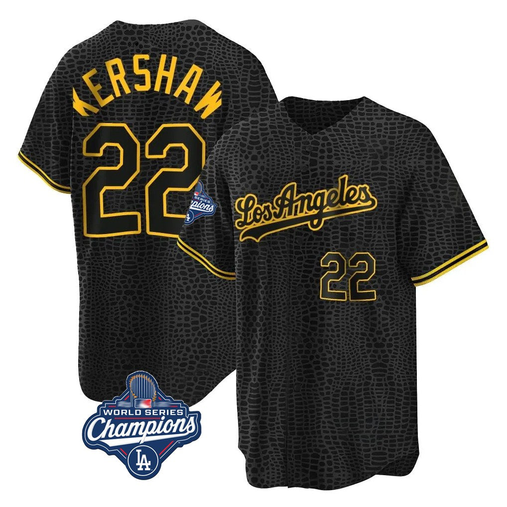 Los Angeles Dodgers #22 Clayton Kershaw Player Black Tomch World Series Meet Snake Skin City Game Home Stitched Jerseys