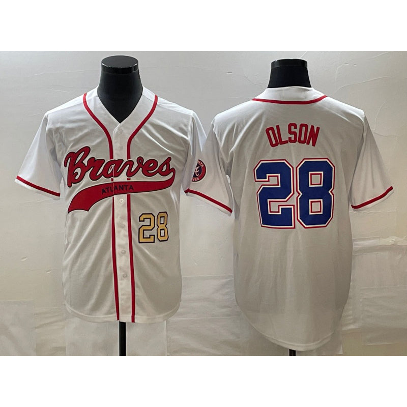 Atlanta Braves #28 Matt Olson Number White Thaam Cool Base With Patch Stitched Jersey