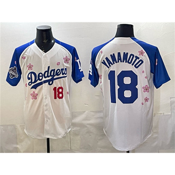 Los Angeles Dodgers #18 Yoshinobu Yamamoto White Royal Thaam 2025 World Series Champions Patch Tokyo Series Limited Stitched Jersey