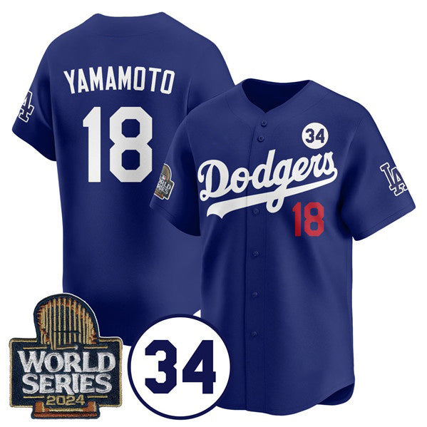 Los Angeles Dodgers #18 Yoshinobu Yamamoto Royal Thaam 2024 World Series With No. 34 Patch Cool Base Stitched Jersey