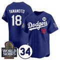 Los Angeles Dodgers #18 Yoshinobu Yamamoto Royal Thaam 2024 World Series With No. 34 Patch Cool Base Stitched Jersey