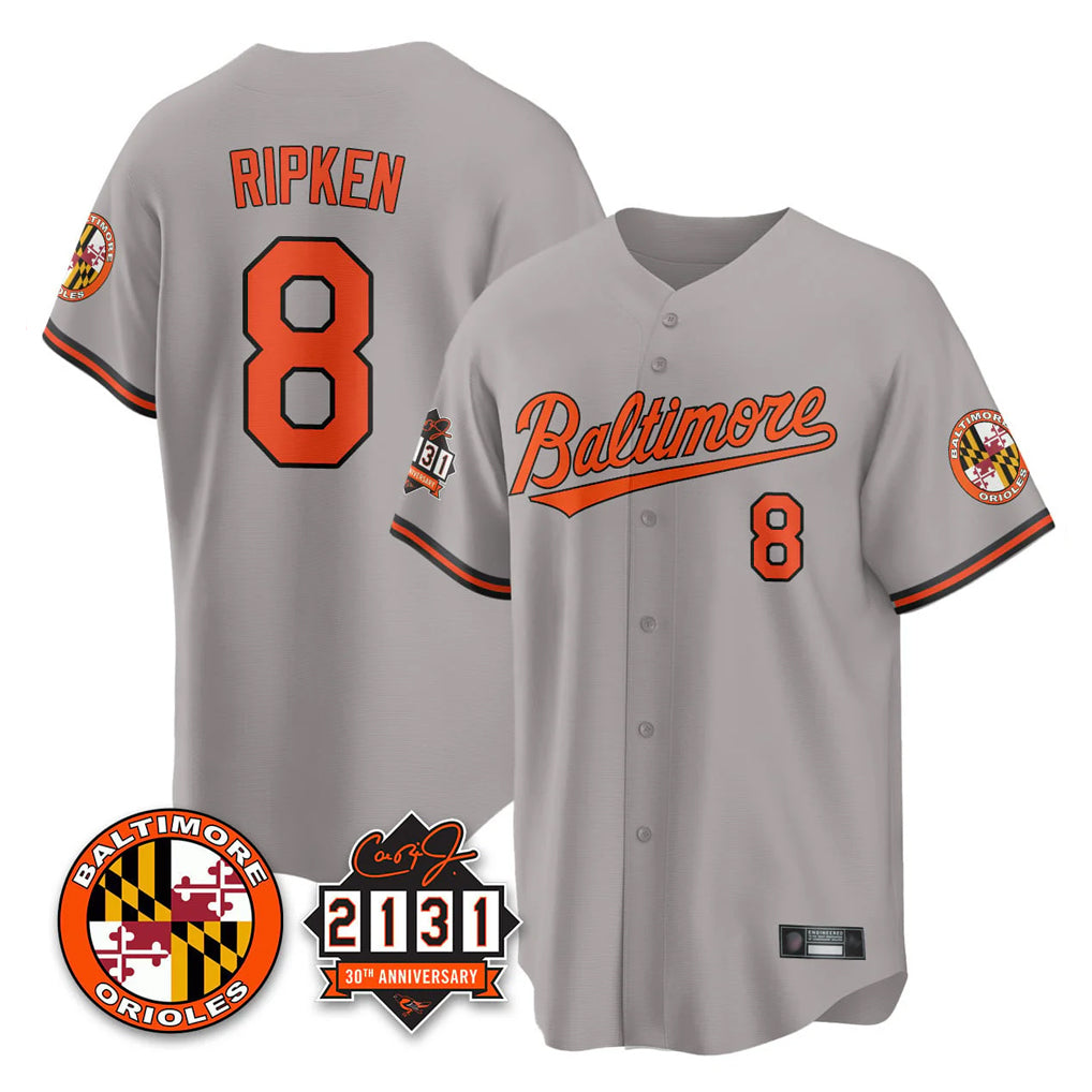 Baltimore Orioles #8 Cal Ripken Player Gray Tomch 30th Anniversary of 2131 Home Game Stitched Jerseys