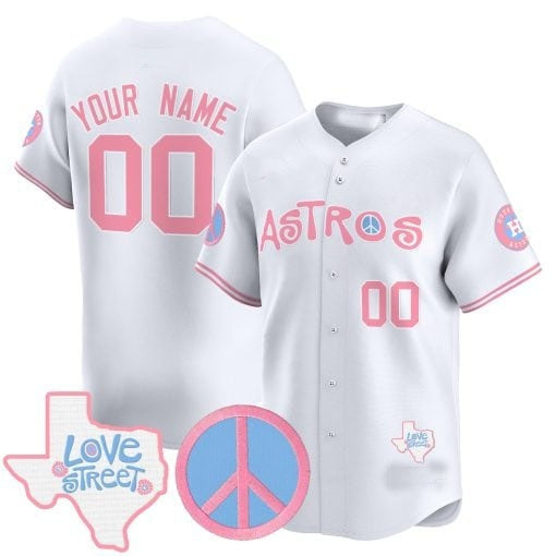 Custom Houston Astros  Love Street & Peace Sign Patch Bubblegum Pink Vapor Premier Limited Jersey ¨C White Tomch