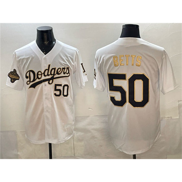 Los Angeles Dodgers #50 Mookie Betts White Gold Thaam 2025 World Series Champions Patch Limited Stitched Jersey