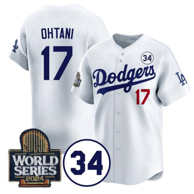 Los Angeles Dodgers #17 Shohei Ohtani White Thaam 2024 World Series With No. 34 Patch Limited Stitched Jersey