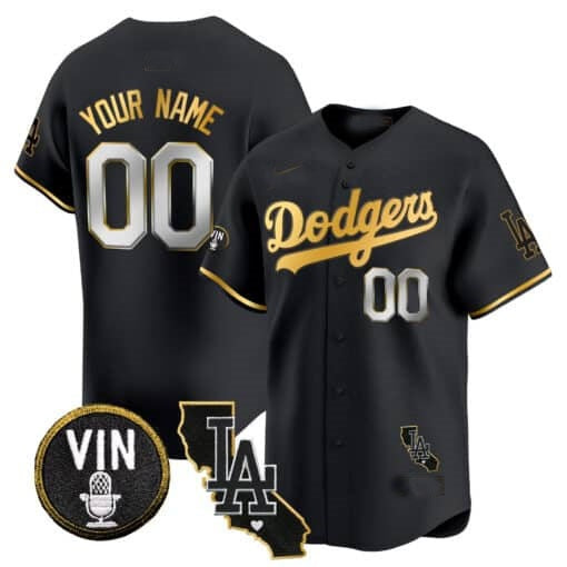 Custom Los Angeles Dodgers Vin & California Patch Gold Trim Vapor Premier Limited Jersey ¨C All Stitched-Black Tomch