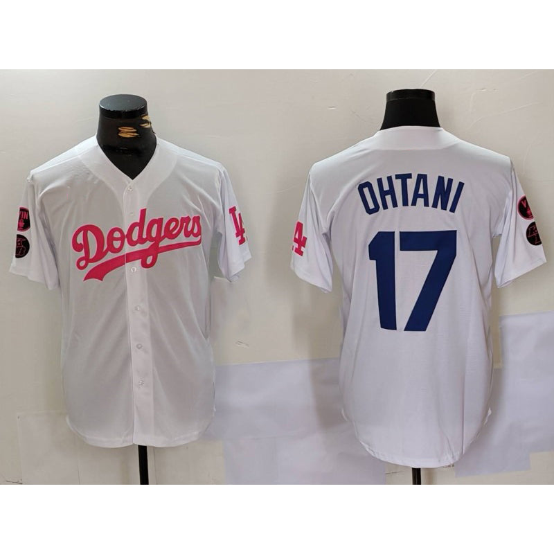 Los Angeles Dodgers #17 Shohei Ohtani White Pink Thaam Vin & Kobe Patch Stitched Jersey 2