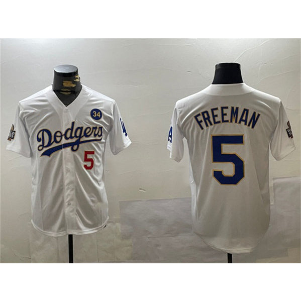 Los Angeles Dodgers #5 Freddie Freeman White Gold Thaam 2024 World Series With No. 34 Patch Home Limited Stitched Jersey