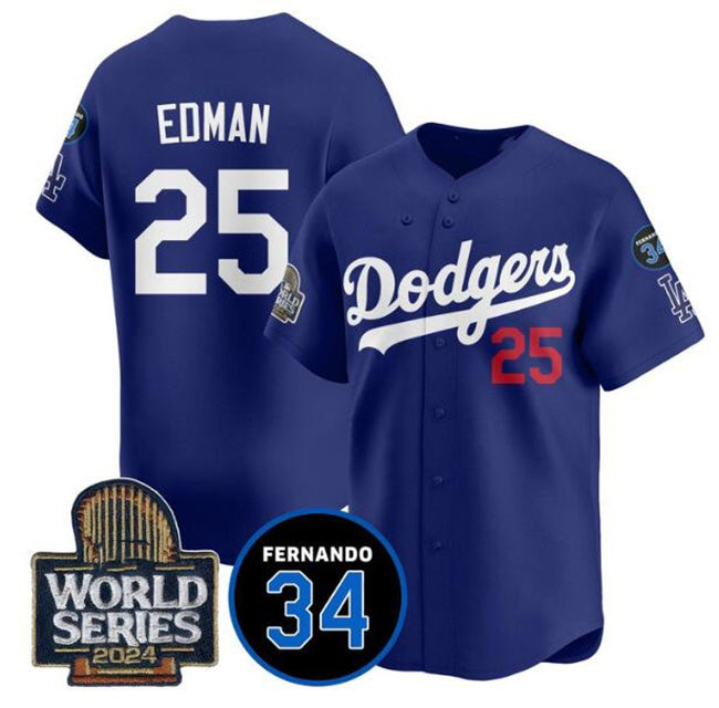 Los Angeles Dodgers #25 Tommy Edman Royal Tomch 2024 World Series With Fernando Memorial Patch Alternate Limited Stitched Jersey
