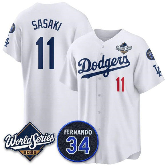 Los Angeles Dodgers #11 R¨­ki Sasaki White Tomch 2025 World Series With No. 34 Patch Limited Stitched Jersey