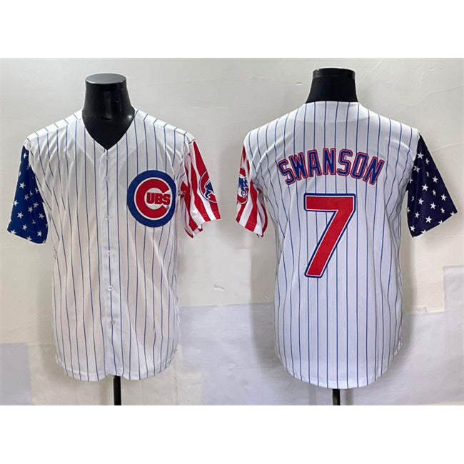 Chicago Cubs #7 Dansby Swanson White Thaam Pinstripe 2025 Independence Day Vapor Premier Limited Stitched Jersey