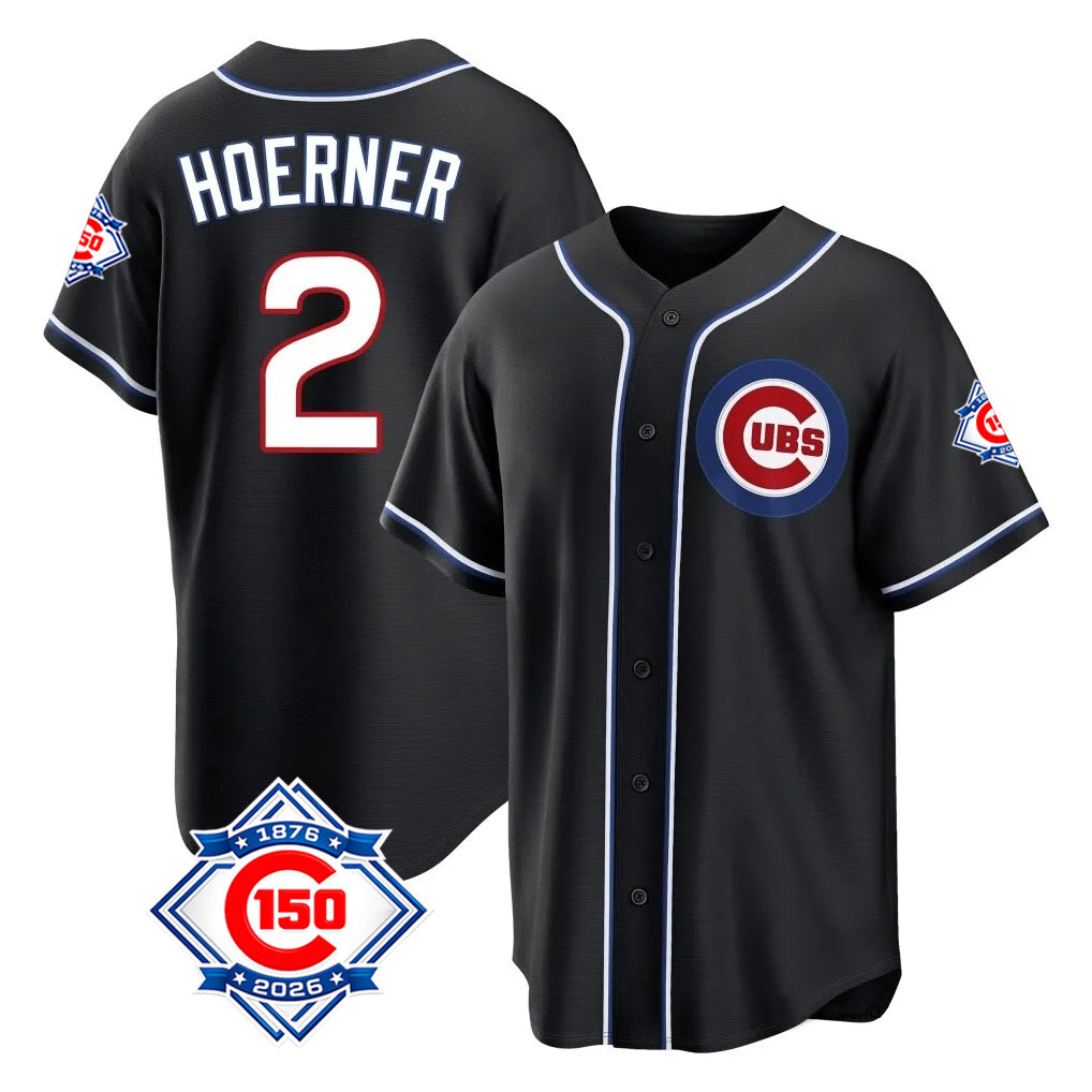 Chicago Cubs #2 Nico Hoerner Player Black Tomch Fashion Out 150th Anniversary Game Stitched Jerseys