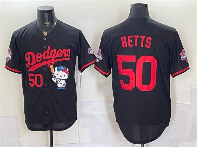 Los Angeles Dodgers #50 Mookie Betts Black Tomch Hello Kitty Night 2025 World Series Champions Patch Stitched Jersey
