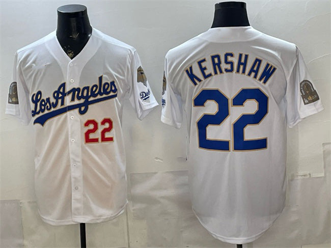 Los Angeles Dodgers #22 Clayton Kershaw White Thaam 2026 Gold Collection 9x & B2B Champs Patch Stitched Jersey