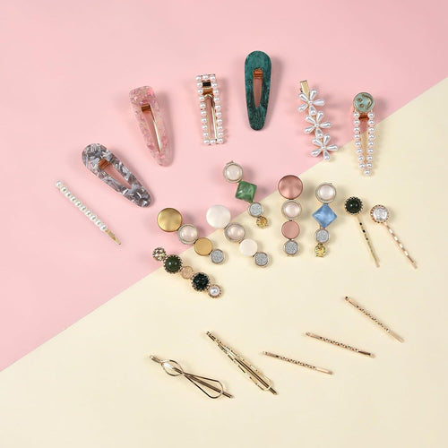 20 PCS Pearls and Acrylic Resin Hair Clips, Handmade Hair Barrettes, Marble Alligator bobby pins, Glitter Crystal Geometric Hairpin, Elegant Gold Hair Accessories, Gifts for Women Girls