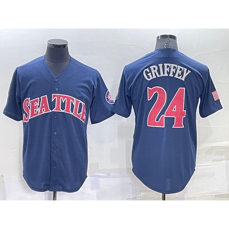 Seattle Mariners #24 Ken Griffey Navy Blue Tomch Fashion Stars Stripes Cool Base Independence Day Jersey