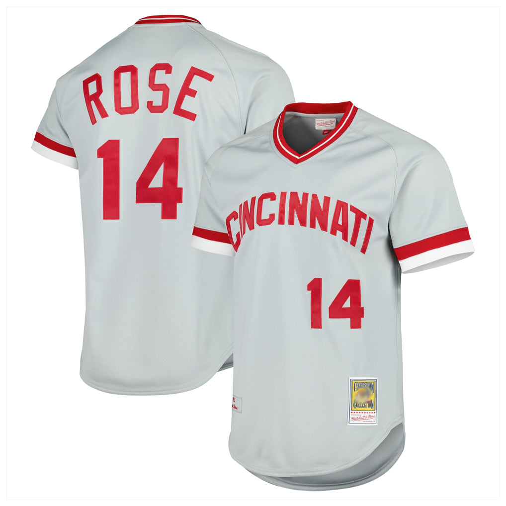 Cincinnati Reds #14 Pete Rose Player Gray Tomch Mitchell & Ness Throwback Cooperstown Mesh T-shirt Game Stitched Jerseys