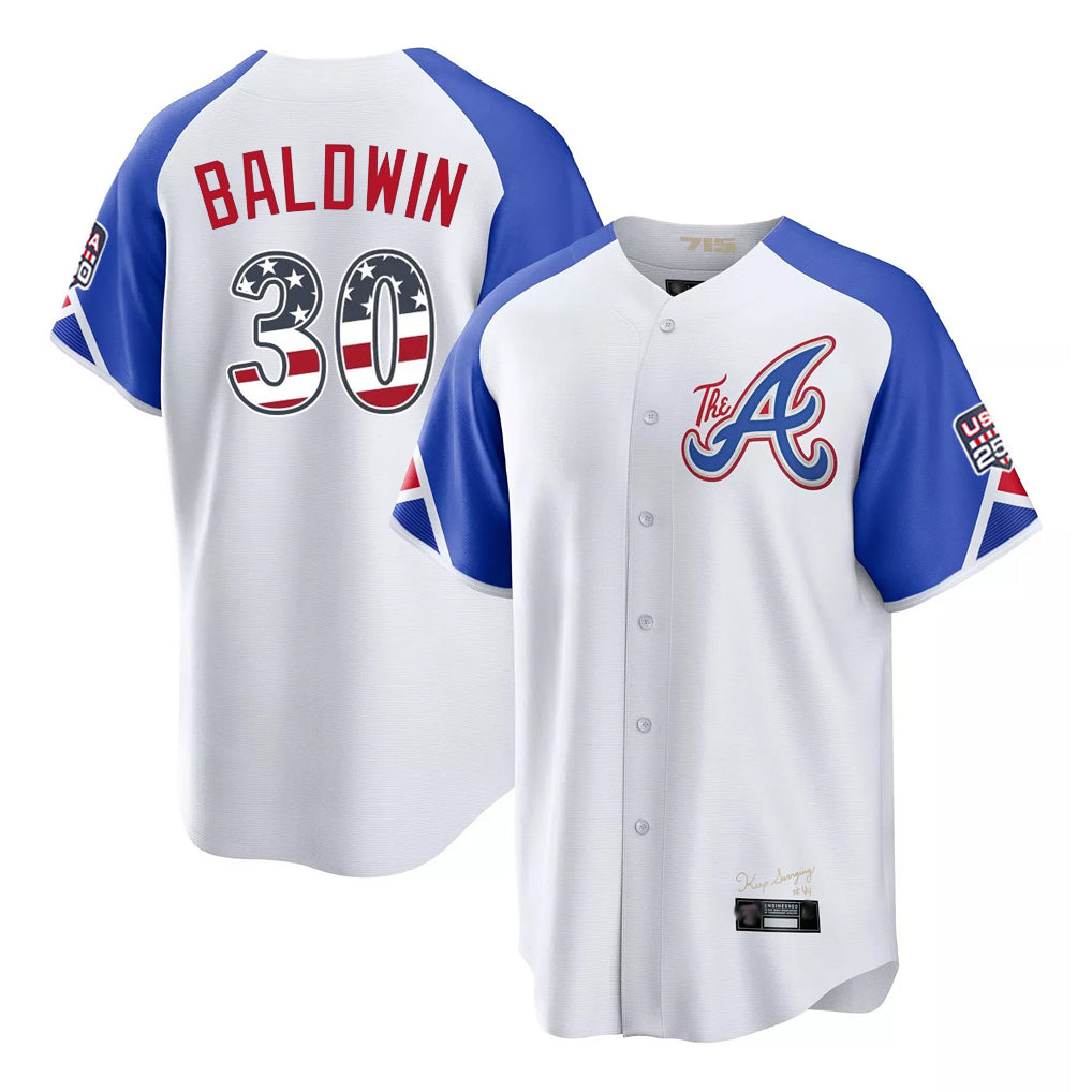 Atlanta Braves #30 Drake Baldwin Player White Tomch USA 250 Fourth Of July City Connect Home Game Stitched Jerseys