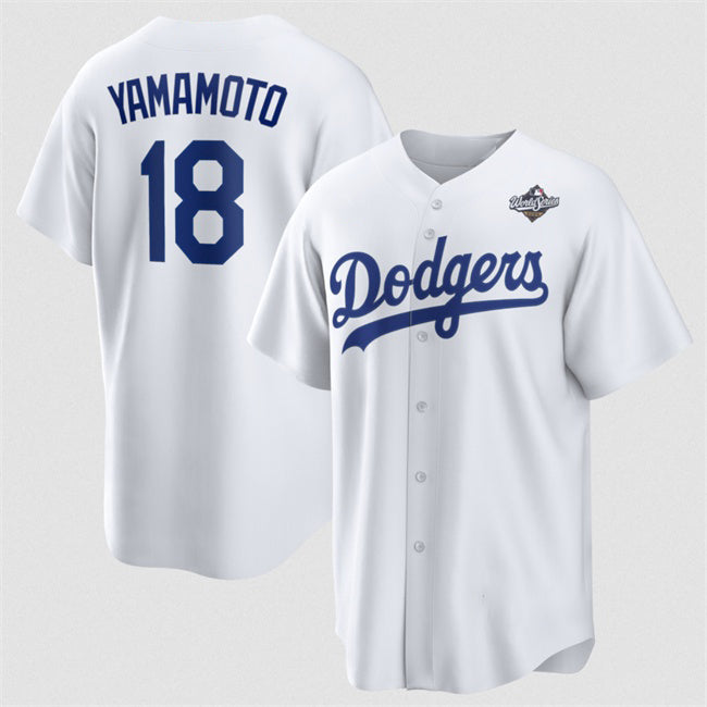 Los Angeles Dodgers #18 Yoshinobu Yamamoto White Thaam 2025 World Series Home Cool Base Stitched Jersey