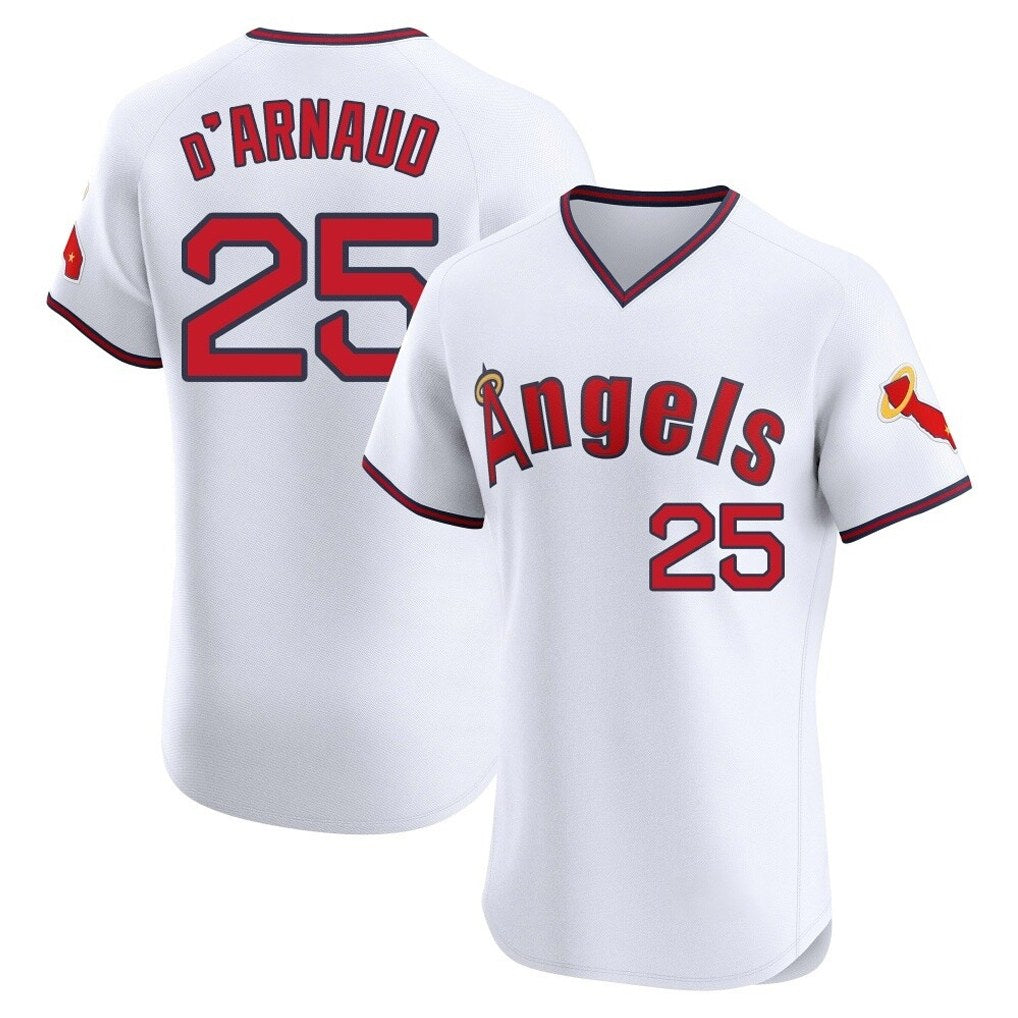 Los Angeles Angels #25 Travis d'Arnaud Player White Tomch T-shirt Home Limited Elite Stitched Jerseys
