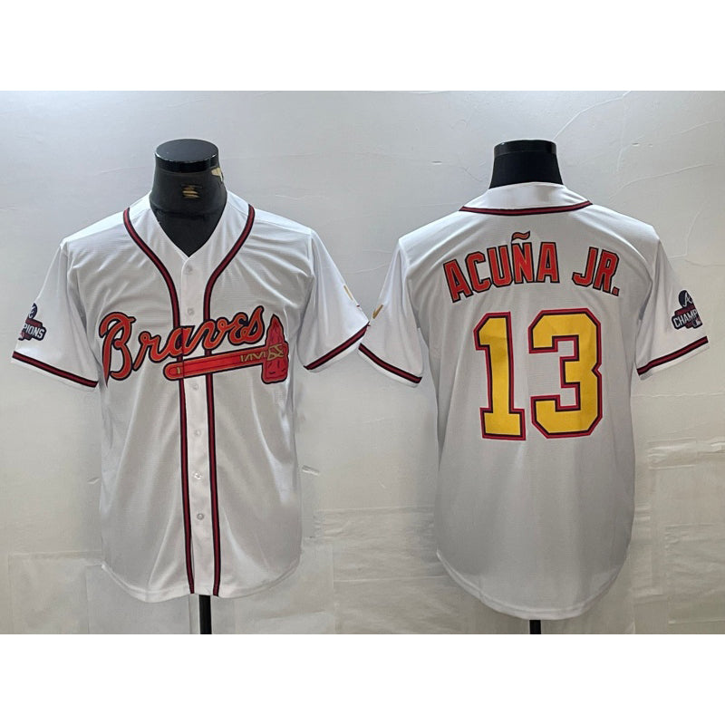 Atlanta Braves #13 Ronald Acuna Jr White Gold Thaam 2021 World Series Champions Stitched Cool Base Jersey