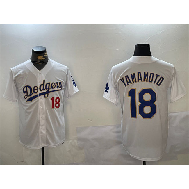 Los Angeles Dodgers #18 Yoshinobu Yamamoto White Gold Thaam Home Limited Stitched Jerseys
