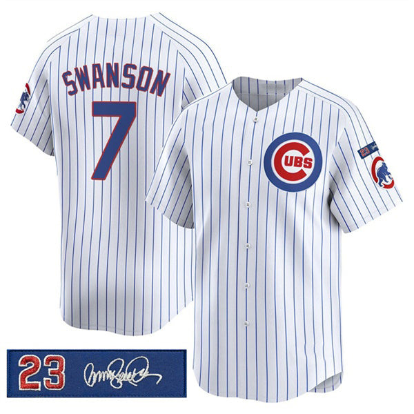 Chicago Cubs #7 Dansby Swanson White Thaam Pinstripe 'Ryne Sandberg Tribute' Vapor Limited V3 Stitched Jersey