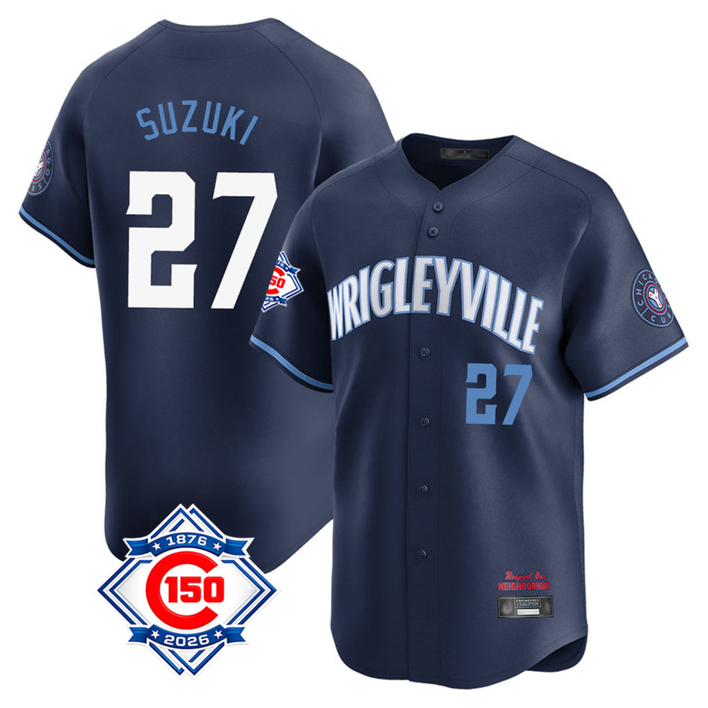 Chicago Cubs #27 Seiya Suzuki Player Navy Tomch City Connect 150th Anniversary Limited Home Stitched Jerseys