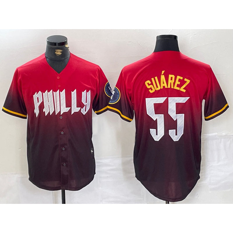 Philadelphia Phillies #55 Ranger Suarez Red Tomch 2024 City Player Number Cool Base Jersey 2