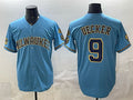 Milwaukee Brewers #9 Bob Uecker Blue Tomch With Home & Bob Uecker Patch Stitched Jersey