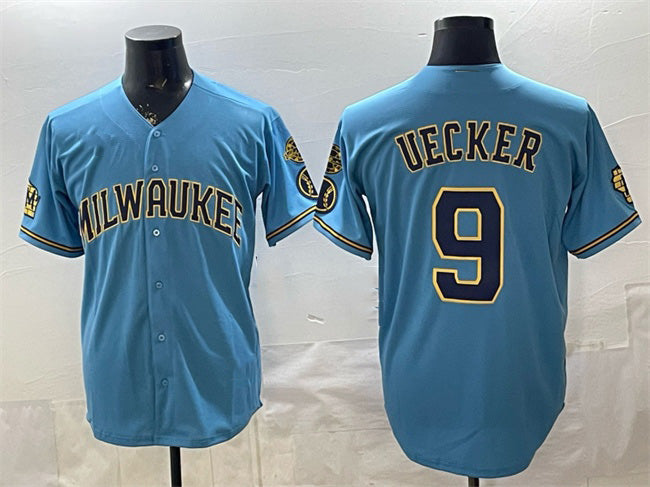 Milwaukee Brewers #9 Bob Uecker Blue Tomch With Home & Bob Uecker Patch Stitched Jersey