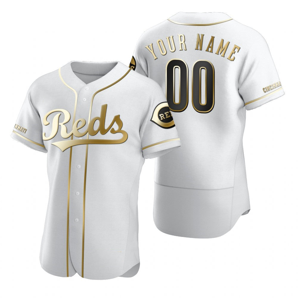 Custom Cincinnati Reds White Tomch Stitched Flex Base Golden Edition Jersey