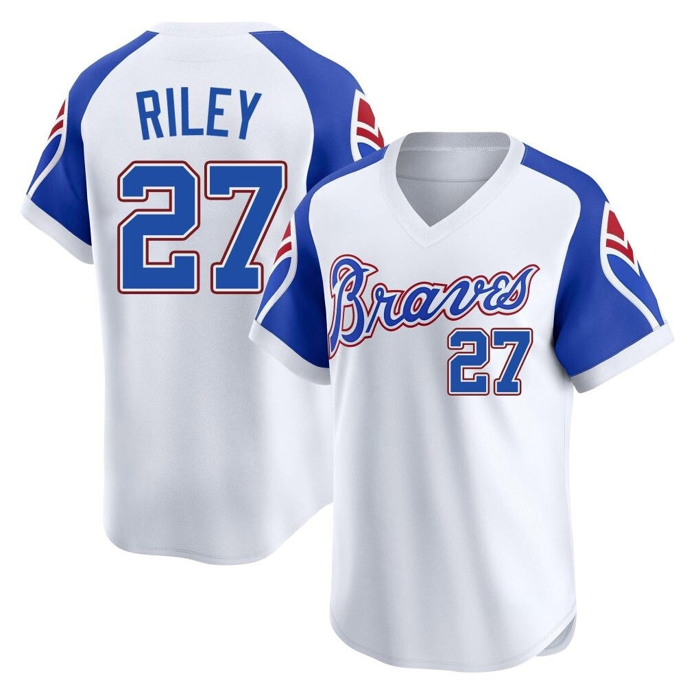 Atlanta Braves #27 Austin Riley Player White Tomch Throwback Cooperstown Collection T-shirt Game Stitched Jerseys
