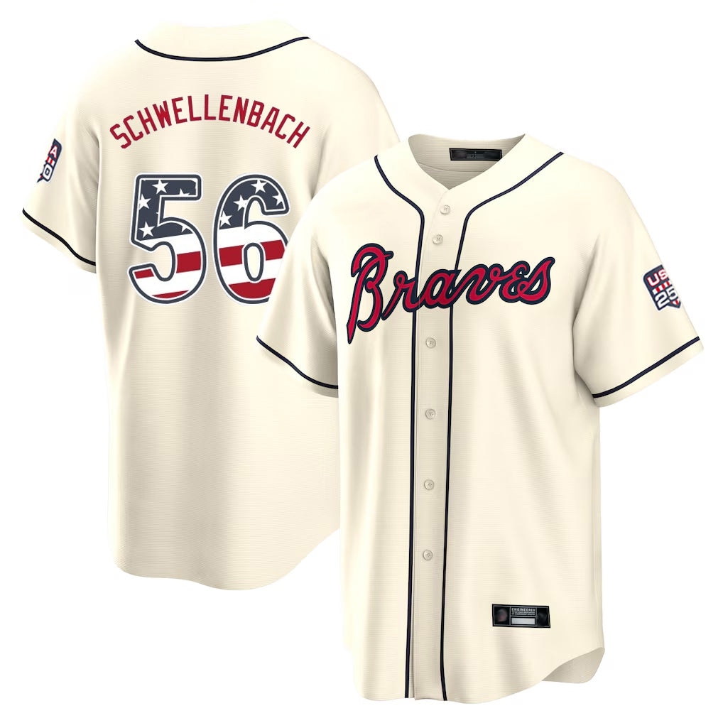 Atlanta Braves #56 Spencer Schwellenbach Player Cream Tomch USA 250 Fourth Of July Limited Home Game Stitched Jerseys