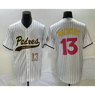 San Diego Padres #13 Manny Machado Number White Tomch Pinstripe 2023 City Connect Cool Base Stitched Jersey