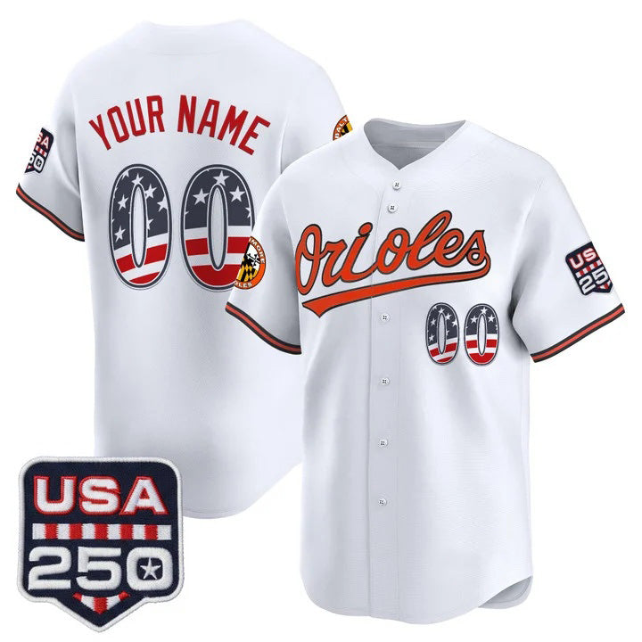 Custom Baltimore Orioles White Tomch USA 250 Fourth of July Vapor Premier Limited Jersey - All Stitched