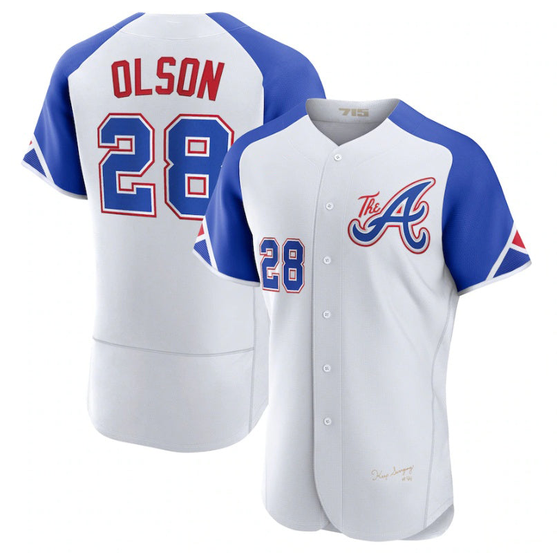 Atlanta Braves #28 Matt Olson White Thaam 2023 City Connect Flex Base Stitched Jersey 2