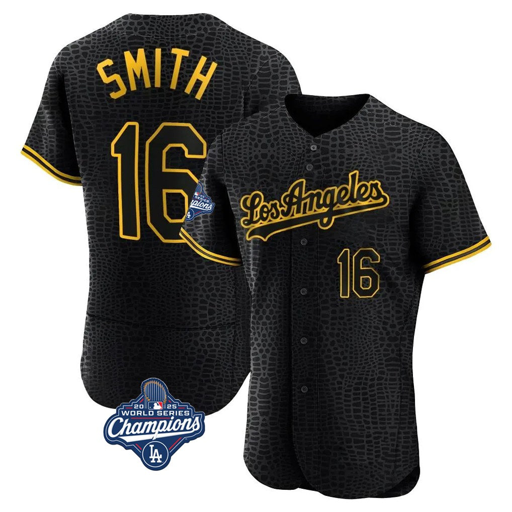 Los Angeles Dodgers #16 Will Smith Player Black Tomch World Series Meet Snake Skin City Limited Elite Home Stitched Jerseys