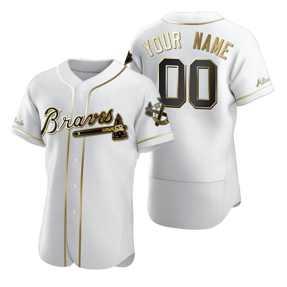 Custom Atlanta Braves White Tomch Stitched Flex Base Golden Edition Jersey