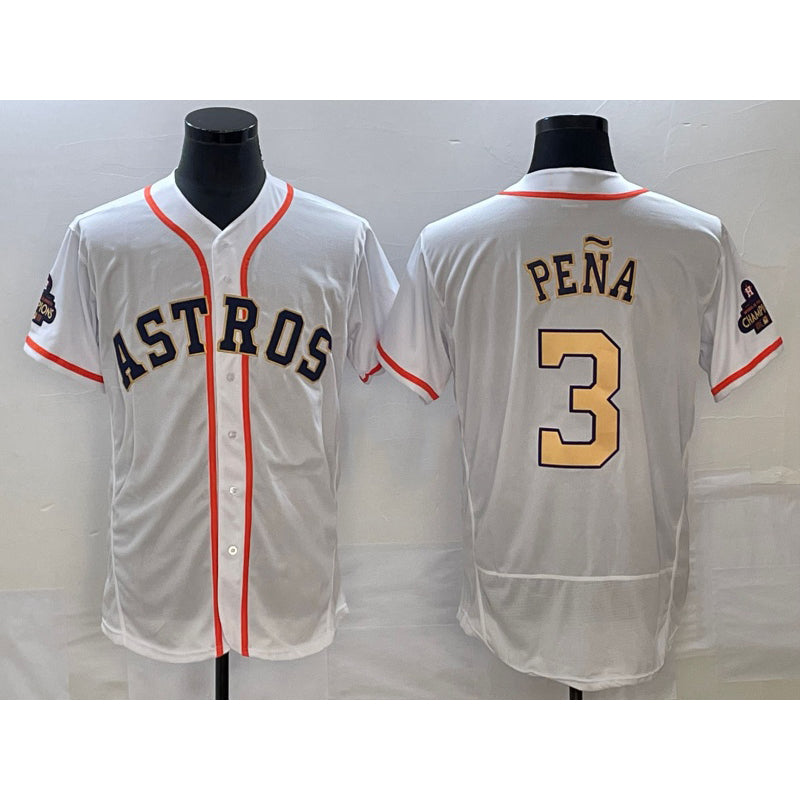 Houston Astros #3 Jeremy Pena 2023 White Gold Thaam World Serise Champions Patch Flex Base Stitched Jersey